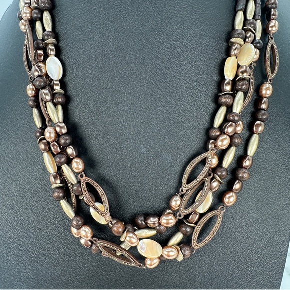 Coldwater Creek Layered Beaded Necklace Brown and Mother of Pearl Adjustable - Picture 1 of 11